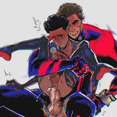 spider-man (series), spider-man 2099, miguel o'hara, miles morales, artist request, african, african male, age difference, anal, anal sex, balls, bara, big cock, big penis, blush