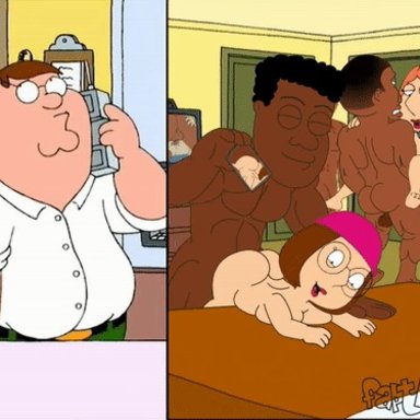 family guy, xbooru, lois griffin, meg griffin, original characters, peter griffin, faptraxxx, 2girls, 4boys, alternate ass size, alternate breast size, alternate butt size, cap, cap only, cheating