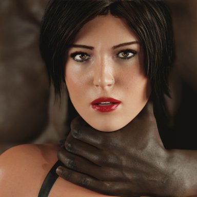 tomb raider, tomb raider (survivor), lara croft, lara croft (survivor), benjibonjo, 1boy, 1girls, brown eyes, brown hair, dark-skinned male, dark skin, female, hand around neck, human, human only