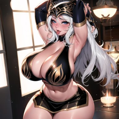 league of legends, riot games, ashe (league of legends), cixf, arms up, big breasts, cleavage cutout, covered nipples, hands behind head, huge breasts, thick thighs, tongue out, ai generated