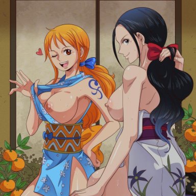 one piece, nami, nico robin, chandllucky, big breasts, orange hair