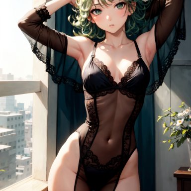 one-punch man, tatsumaki, stable diffusion, chest, green eyes, green hair, thighs, ai generated