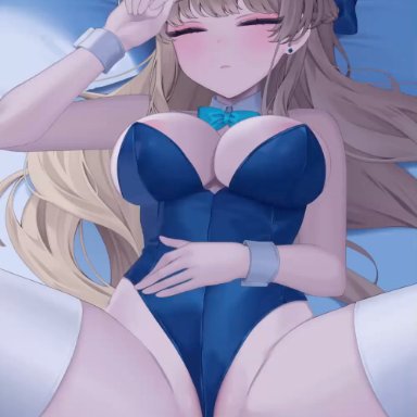 blue archive, toki (blue archive), toki (bunny) (blue archive), reel (riru), 1boy, 1boy1girl, 1girls, bed, blonde hair, blue eyes, blush, breasts, bunnysuit, cum, cum in pussy