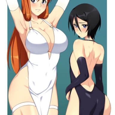 bleach, inoue orihime, kuchiki rukia, lindaroze, 2girls, armpits, arms behind head, ass, bare back, bare hips, bare shoulders, big breasts, black dress, black eyes, black gloves