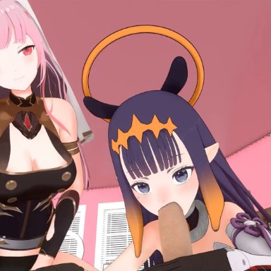 hololive, hololive english, hololive myth, mori calliope, ninomae ina'nis, delalicious3, pixiewillow, thenaysayer34, vranimeted, 1boy, 1boy2girls, 2girls, bedroom, blowjob, clothed