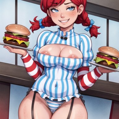 wendy's, squeegee (artist), 1girls, areola slip, braided hair, braided twintails, cheeseburger, cleavage, cleavage cutout, female, female only, freckles, garter straps, kneesocks, pinstripe pattern