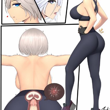 nier, nier: automata, yorha 2b, yorha a2, tsuki riven, 1futa, 1girls, ass, balls, bent over, big ass, big breasts, big penis, breasts, clothed