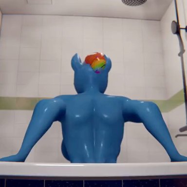 friendship is magic, hasbro, my little pony, rainbow dash (mlp), morethreedee, anthro, anthrofied, ass, back boob, bathtub, bedroom eyes, big ass, big breasts, big butt, blue body