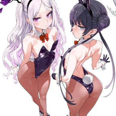 blue archive, hina (blue archive), kisaki (blue archive), 2girls, ass, black hair, bunny ears, bunny tail, bunnysuit, legwear, looking at viewer, looking back, white hair