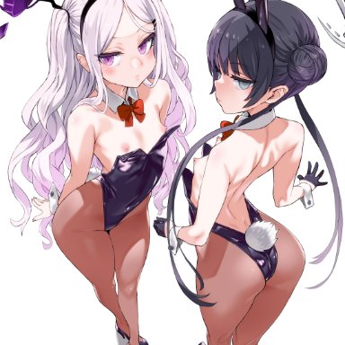 blue archive, hina (blue archive), kisaki (blue archive), 2girls, ass, black hair, breasts, bunny ears, bunny tail, bunnysuit, exposed breasts, legwear, looking at viewer, looking back, nipples