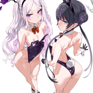 blue archive, hina (blue archive), kisaki (blue archive), 2girls, ass, black hair, breasts, bunny ears, bunny tail, bunnysuit, exposed breasts, looking at viewer, looking back, nipples, white hair