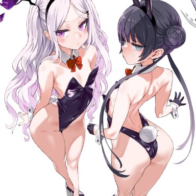 blue archive, hina (blue archive), kisaki (blue archive), 2girls, ass, black hair, bunny ears, bunny tail, bunnysuit, looking at viewer, looking back, white hair