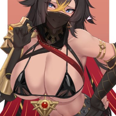 genshin impact, dehya (genshin impact), kanta (kanta 077), armor, belly, big breasts, black hair, blue eyes, bra, breasts, hair intakes, heart-shaped pupils, jewelry, licking lips, light-skinned female