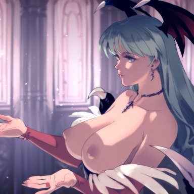 darkstalkers, morrigan aensland, optionaltypo, 1girls, bare shoulders, breasts, church, clothing, demon girl, demon wings, detached sleeves, earrings, expressionless, female, female only