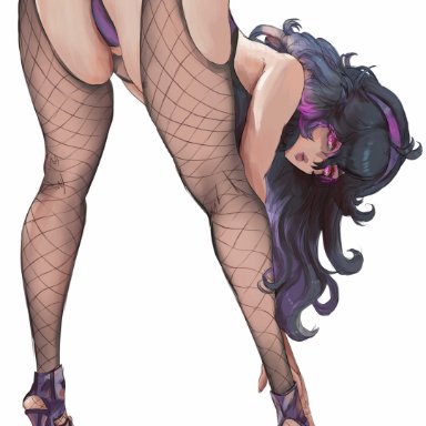 nintendo, pokemon, pokemon xy, hex maniac, artofalva, 1girls, black stockings, bubble butt, fishnet legwear, fishnets, huge breasts, looking at viewer, looking back, platform footwear, platform heels