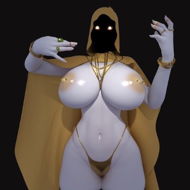 shadow wizard money gang, popogori, areolae, big breasts, dark background, genderbent, gold (metal), gold jewelry, looking at viewer, simple background, thong, unseen female face, white skin, yellow areola, yellow clothing