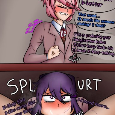 doki doki literature club, yuri (doki doki literature club), the jimster, 1futa, 1girls, accessory, bangs, big penis, biting lip, biting own lip, blowjob, blue text, blush, bottomless, breasts