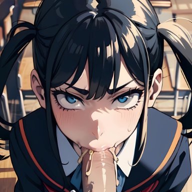 original character, stable diffusion, yuqolilos, angry, blue eyes, classroom, ejaculation, fellatio, from above, large penis, looking at viewer, school uniform, sucking, twintails, ai generated