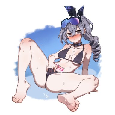 honkai: star rail, honkai (series), silver wolf (honkai: star rail), difmanm, arm support, barefoot, bikini, black bikini, blush, breasts, closed mouth, collarbone, difman, drill ponytail, feet