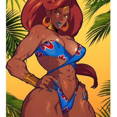 the legend of zelda, gerudo, urbosa, kukumomo, abs, big hair, bikini, blue lips, blue nails, bracelet, breasts, closed mouth, covered nipples, curvy, dark-skinned female