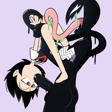 marvel, spider-man (series), peni parker, venom (marvel), miscon, 69 position, ambiguous gender, ass, barefoot, black hair, brown eyes, duo, feet, female, hair