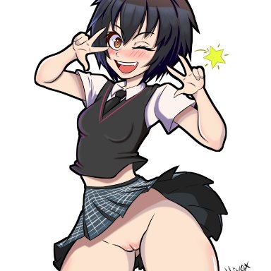 spider-man (series), peni parker, 1girls, aged up, black hair, fangs, looking at viewer, miniskirt, no panties, pale skin, peace sign, pussy, school uniform, shaved pussy, short hair
