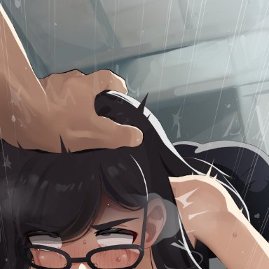 summertime render, minakata hizuru, mizumizuni, 1boy, black gloves, black hair, black tank top, blush, breasts, cleavage, deepthroat, erection, fellatio, female, glasses