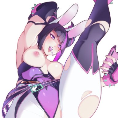 street fighter, street fighter 6, juri han, animal ears, black hair, breasts, candy, cellphone, covered navel, fake animal ears, female, food, holding, holding phone, hot vr