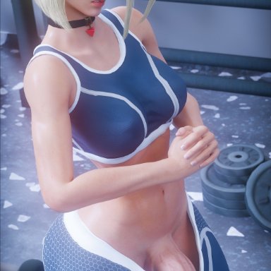 street fighter, street fighter 6, cammy white, futanarikko-san, 1futa, angry, angry face, blonde hair, blue eyes, bulge, bulge through clothing, fit, fit female, fit futanari, fitness