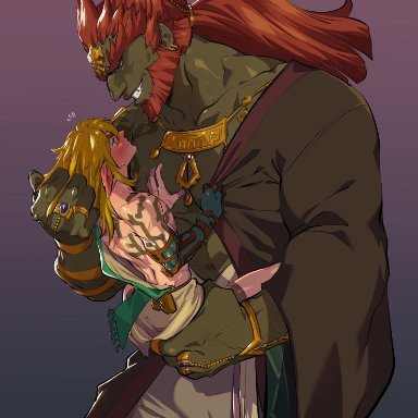 nintendo, tears of the kingdom, the legend of zelda, ganon, ganondorf, ganondorf (tears of the kingdom), gerudo, link, link (tears of the kingdom), kukumomo, 1femboy, 2boys, androgynous, armband, ass grab