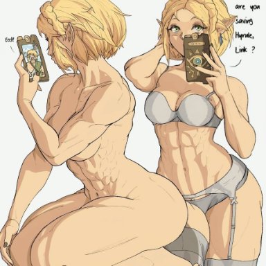 breath of the wild, tears of the kingdom, the legend of zelda, link (breath of the wild), princess zelda, zelda (tears of the kingdom), yoracrab, 1boy, 1girls, abs, athletic, athletic female, biceps, blonde female, blonde hair