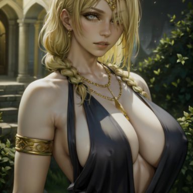 elden ring, fromsoftware, queen marika the eternal, secret room12, stable diffusion, big breasts, cleavage, cleavage cutout, clothed female, clothes, dress, goddess, gold jewelry, light-skinned female, milf