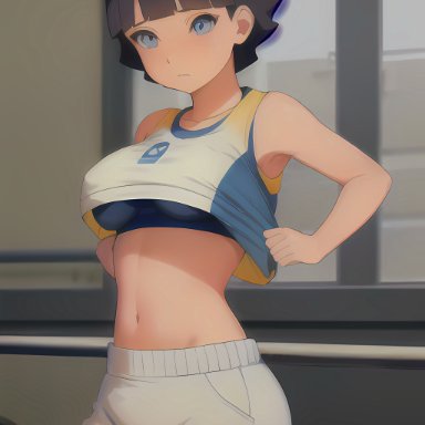 naruto, uzumaki himawari, 1girls, black hair, blue eyes, breasts, female, female only, gym, gym uniform, short hair, shorts, solo, sports bra, white skin