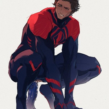 marvel, spider-man (series), miguel o'hara, 1boy, anal, anal object insertion, animal print, blue bodysuit, blush, bodysuit, brown hair, bulge, cheekbones, clenched teeth, dark-skinned male