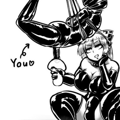 touhou, fujiwara no mokou, reppx ren, 1futa, arms behind back, bondage, cumming, dominant female, dominatrix, ejaculation, forced ejaculation, forced masturbation, latex, masturbation, penis milking