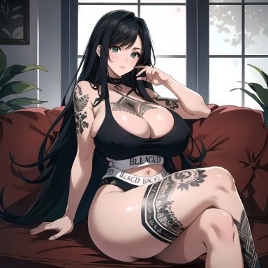 original character, cixf, big breasts, blacked clothing, couch, crossed legs, dark hair, green eyes, huge breasts, long hair, sitting, sports bra, sportswear, tattoo on belly, tattooed arm