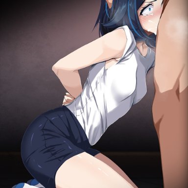 pokemon, pokemon (anime), pokemon horizons, liko (pokemon), tsukishiro saika, 1boy, arms behind back, black hair, black shorts, blue eyes, blue hair, blush, bondage, bound, bound wrists