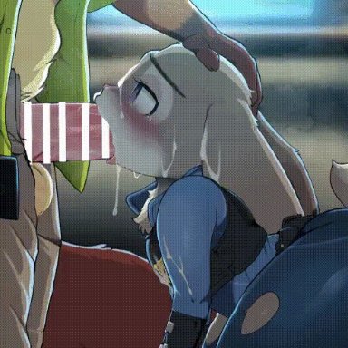 zootopia, judy hopps, nick wilde, dagasi, anthro, blowjob, cum, cum in mouth, cum on face, deepthroat, face fucking, facefuck, furry, furry only, on knees