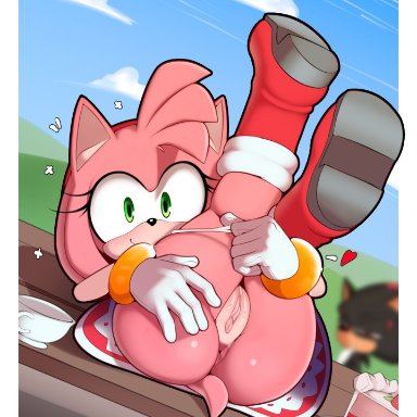 sonic (series), sonic the hedgehog (series), amy rose, shadow the hedgehog, delicioussoup, anus, being watched, boots, cake, laying down, legs up, outside, panties, panties around leg, presenting hindquarters