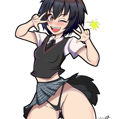 marvel, spider-man (series), peni parker, 1girl, 1girls, aged up, black hair, blush lines, blushing, miniskirt, peace sign, school uniform, schoolgirl, short hair, string bikini