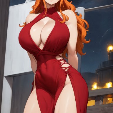 one piece, nami, amiral ai, 1girls, breasts, cleavage, dress, female, huge breasts, light-skinned female, light skin, long hair, naughty face, orange hair, smile