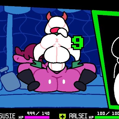 deltarune, undertale (series), ralsei, ralsei (deltarune), ralsei with white fur, susie (deltarune), superiorfox, anthro, anthro on anthro, anus, balls, big balls, big breasts, big butt, big penis