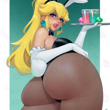 mario (series), nintendo, super mario bros., princess peach, edemevas, 1girls, arm gloves, ass, big ass, blonde hair, blue eyes, bunny ears, bunnysuit, dat ass, detached collar