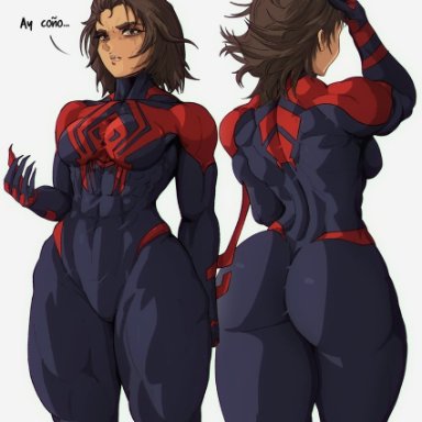 marvel, spider-man (series), spider-man 2099, miguel o'hara, yoracrab, abs, animal print, ass, big ass, big breasts, black eyes, blue bodysuit, bodysuit, breasts, brown hair