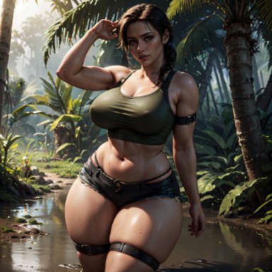 tomb raider, lara croft, lara croft (ai generated), stable diffusion, vilacrym, 1girls, big ass, big breasts, big thighs, brown hair, brunette, busty, chubby thighs, hourglass figure, jungle