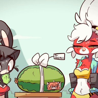 lizhi (diives), tang (diives), unknown character, diives, pixiewillow, silkymilk, bikini, bikini top, clothed, justthequeenie, thigh crush, watermelon, animated, color, colored