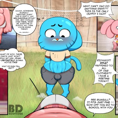 the amazing world of gumball, anais watterson, gumball watterson, nicole watterson, richard watterson, bootydox, 2boys, 2girls, age difference, anthro, blue fur, cub, father, father and son, femboy