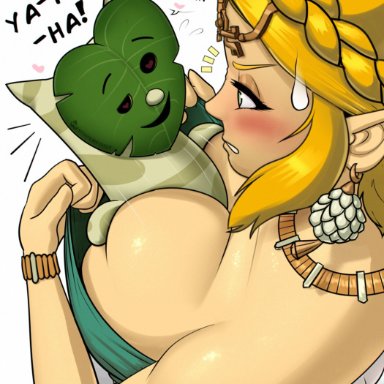 nintendo, tears of the kingdom, the legend of zelda, korok, princess zelda, zelda (tears of the kingdom), whisperfoot, 1girls, blonde hair, blue eyes, blush, braid, braided hair, breasts, cleavage