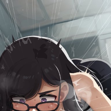 summertime render, minakata hizuru, mizumizuni, 1boy, black gloves, black hair, black tank top, blush, breasts, cleavage, cum, cum in nose, cum out nose, deepthroat, ejaculation