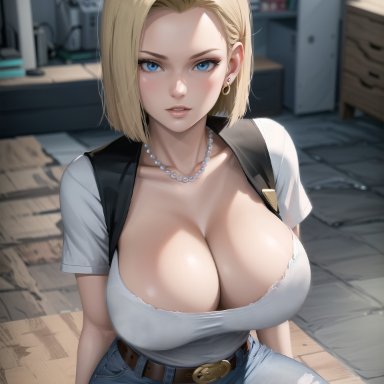 dragon ball super, dragon ball z, android 18, stable diffusion, 1girls, blonde, blonde female, blonde hair, cleavage, clothed, clothed female, curvy body, curvy female, curvy figure, earring